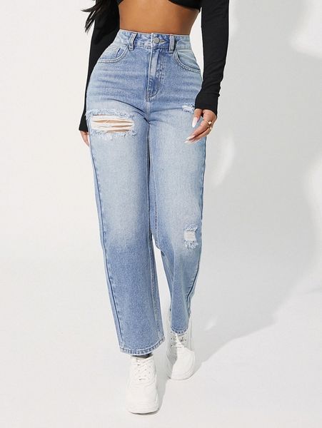 

petite high waist ripped straight leg jeans 51p1#, Blue