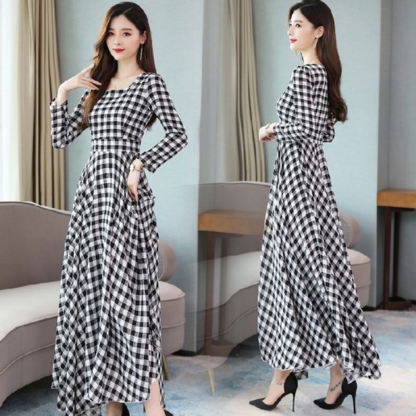 

2021 new women's fashion casual long sleeve plaid maxi dress, White