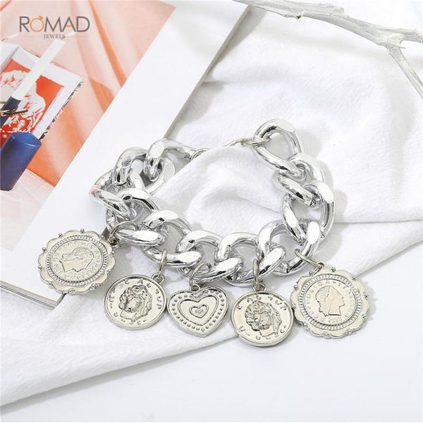 

charm bracelets romad punk chain coins retro bracelet female big gold personality geometric women jewelry, Golden;silver