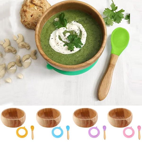 

dishes & plates round bowl children's bamboo board dinner plate with suction spoon tableware kits grade silicone for kitchen