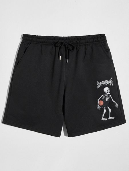 

men skeleton graphic drawstring waist shorts o4e8#, Black