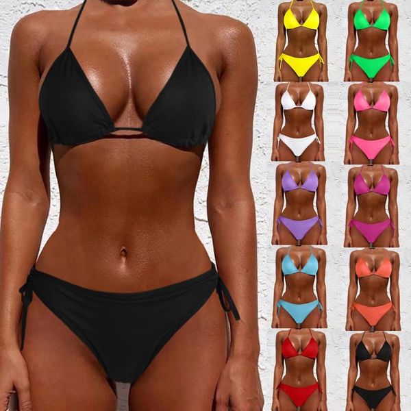 

women's swimwear summer bikini set women swimsuit solid bnadage waist high padded backless straps bra biquini, White;black