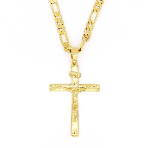 Amarelo sólido fino ouro gf jesus cruz crucifixo charme grande pingente 55*35mm colar de corrente figaro