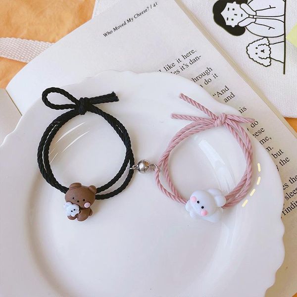

hair accessories bear girlfriends bracelet head rope dual purpose cuddling headdress inductive attraction couple hand jewelry, Slivery;white