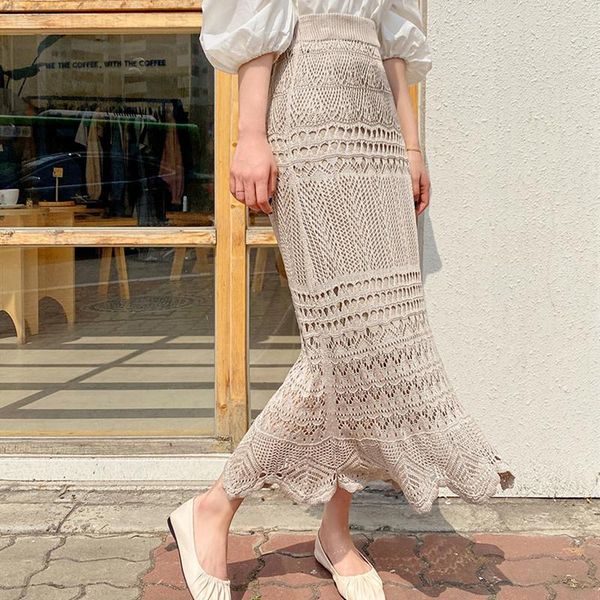 

skirts elastic high waist long knitted skirt women summer hollow out wrap hip midi, Black