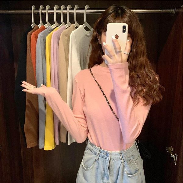 

women's t-shirt simple basic long sleeve korean version ins with candy woman tshirts, White