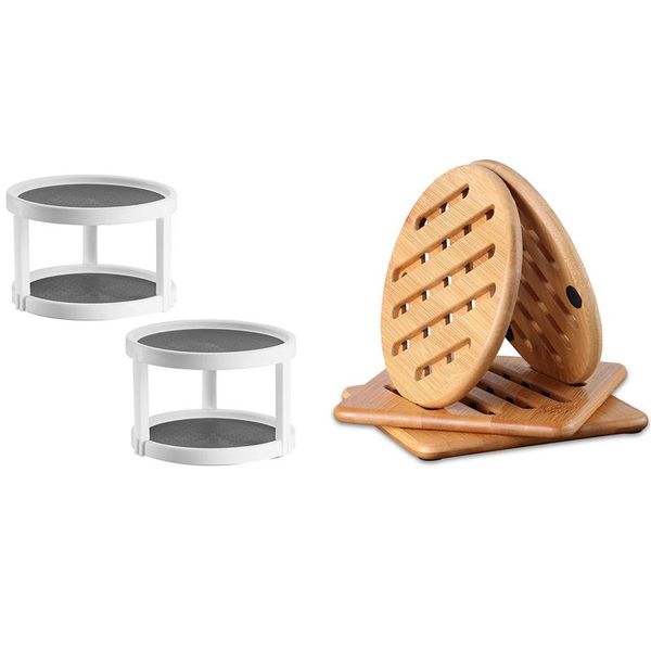 

mats & pads heat resistant non-slip bamboo trivets pot mat with 2 tier 360 degree rotating spice rack,10 inch white/gray retail