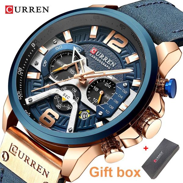

wristwatches curren military watch men blue leather strap calendar 24h display chronograph watches sport waterproof male with gift box, Slivery;brown