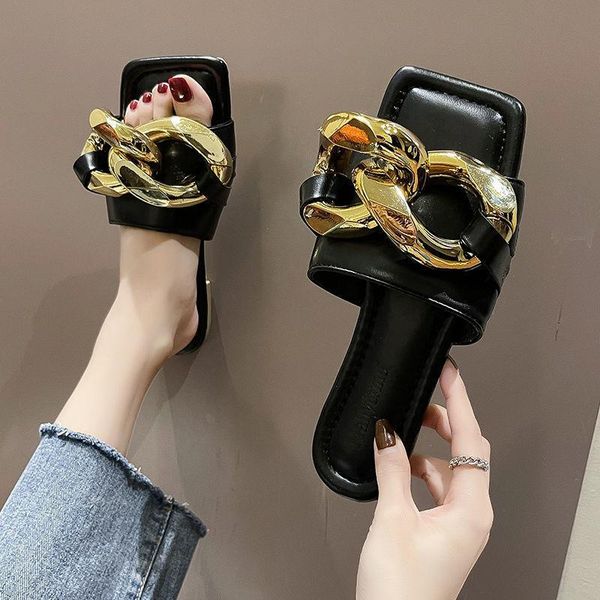 

slippers summer women gold chain 2021 fashion square head outdoor non-slip female flat beach shoes flip-flops 35-40, Black