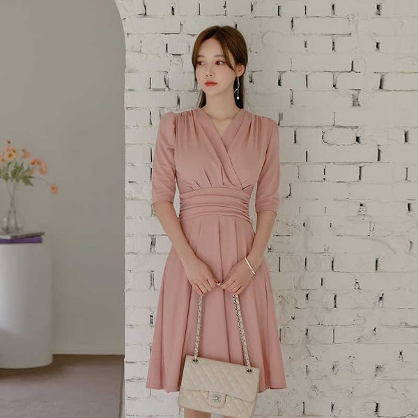 

pleated casual tunic dress pink women slim a-line spring half sleeve ladies office elegant party es 210529, Black;gray
