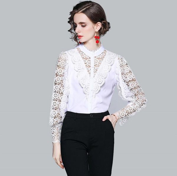 

women's blouses & shirts 2021 spring summer fashion temperament elegant women lace stitching long-sleeved stand collar blouse, White