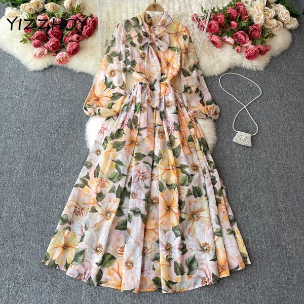

casual dresses yizzhoy spring autumn print vacation long dress women retro sweet bow collar puff sleeve a-line, Black;gray