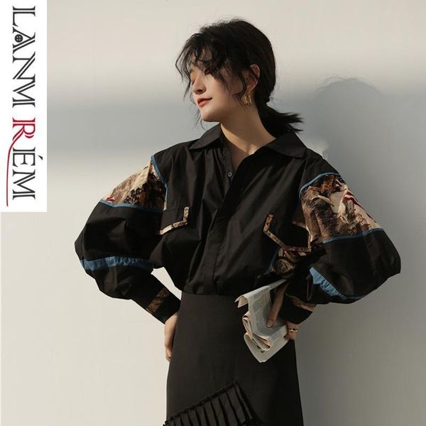 

women's blouses & shirts lanmrem 2021 fashion spring black print retro shirt female's batwing long sleeve personlity blouse vestid, White