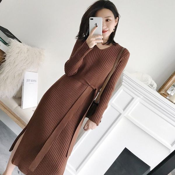 

casual dresses 2021 autumn winter core-spun yarn knit dress women long sleeve v-neck sections slim bottoming fashion, Black;gray