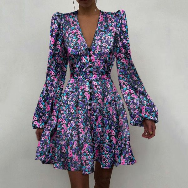 

casual dresses urifens vestidos 2021 spring satin deep v-neck lantern sleeve summer dress women loose vintage floral party bt41u, Black;gray