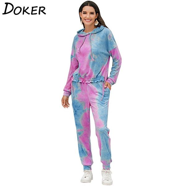 

tie dye fashion hoodies long sleeve pants two piece set women autumn winter lounge outfits jogging tracksuit sets woman 210423, White