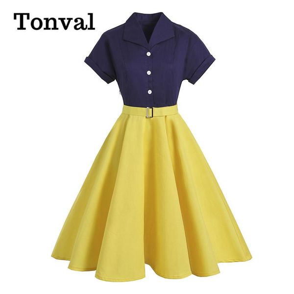 

casual dresses tonval turn-down collar buttons two tone elegant patchwork cotton dress 50s vintage women short sleeve swing with belt, Black;gray