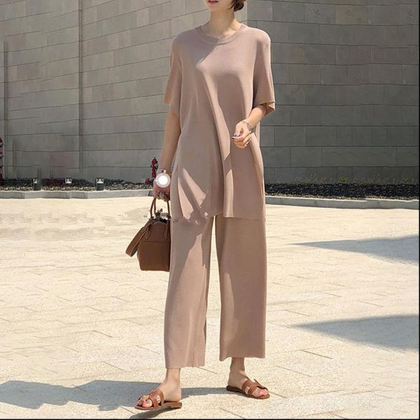 

ice women tracksuits silk knitted two piece set casual long pullovers and wide leg pants suits split korean loose, Gray