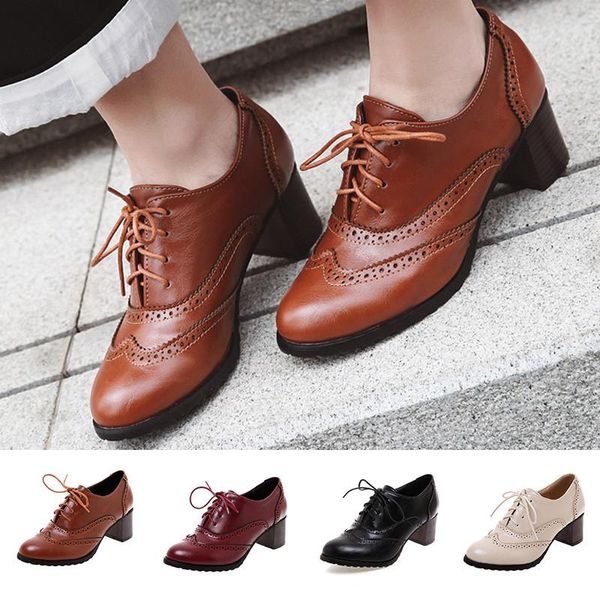 

dress shoes fashion lace up women high heel round toe woman pumps plus size pu leather oxfords ladies outdoor footwear, Black