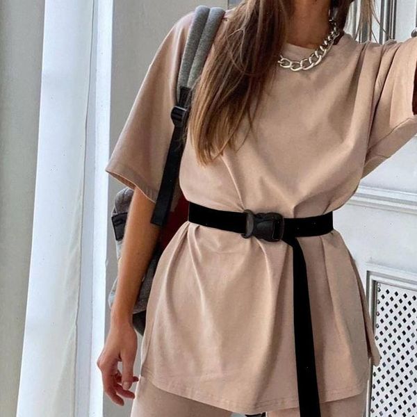 

women tracksuits summer set o neck loose short sleeve shirt and biker casual two piece sets white outfit khaki, Gray