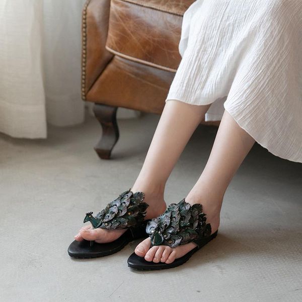 

slippers women flip flops flat heels summer shoes for beach slippes gray peacock retro genuine leather embroidery, Black