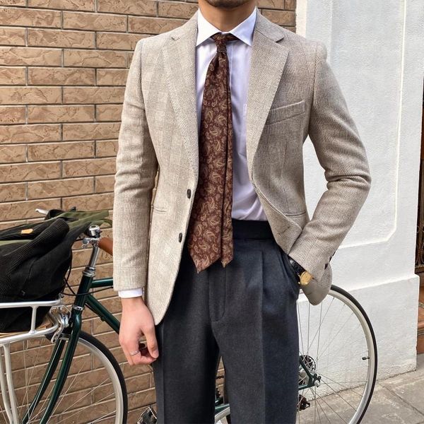 

business men british slim fit plaid blazer jacket single breasted office work suit coat vintage blazers outerwear men's suits, White;black