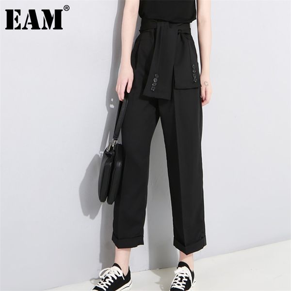 

[eam] spring high waist lace up black slim temperament trend fashion women's wild casual wide leg pants la2 211008, Black;white