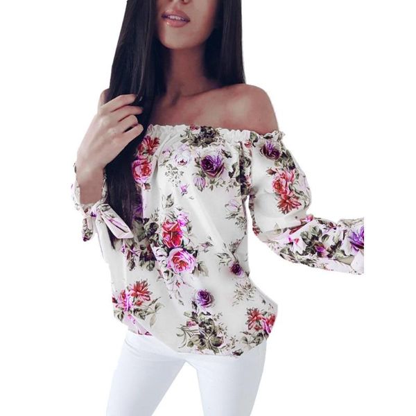 

womens and blouses nice full sleeve bow printing slash neck strapless long bowknot shirt blouse women's & shirts, White