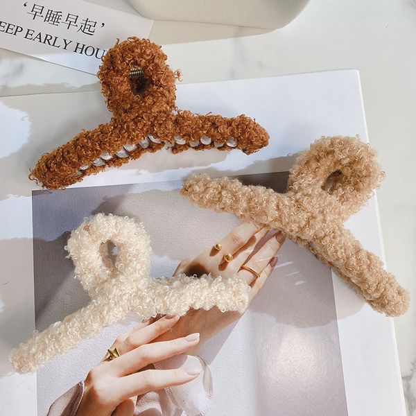 

barrettes hairpin autumn and winter lamb hair clip simple versatile fashion net red plush back of head shark accessories women, Golden;silver