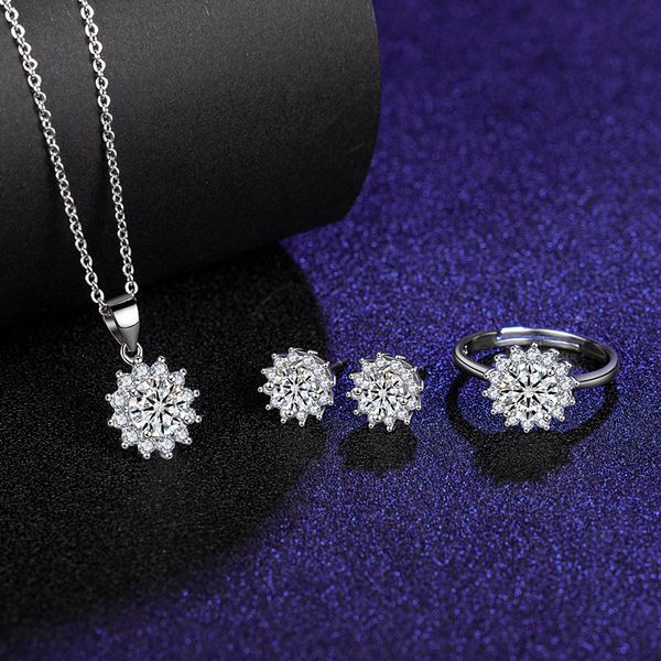 

eight hearts and eight s platinum plated live sunflower simulation mossan diamond opening ring women's necklace pendant earrings set, Silver