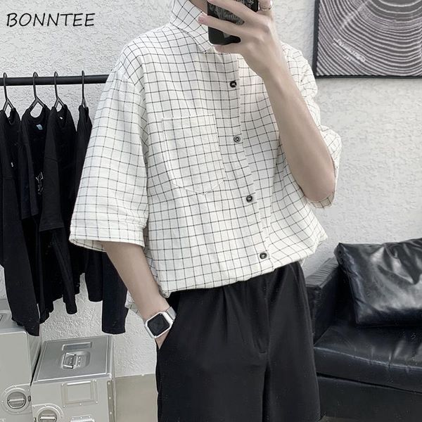 

men's casual shirts summer oversize plaid men pocket short sleeve turn-down collar japanese style retro loose leisure all-match simple, White;black