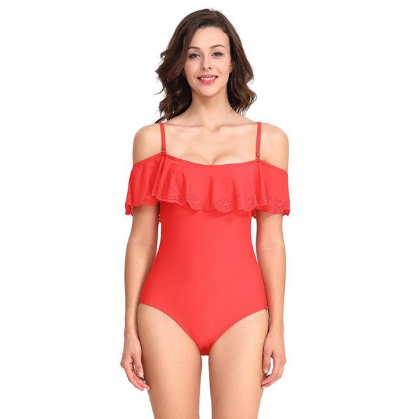 

women's swimwear neon red ruffled hollow design one-piece swimsuit plain off-the-shoulder high-waist push-up 2021 beach, White;black