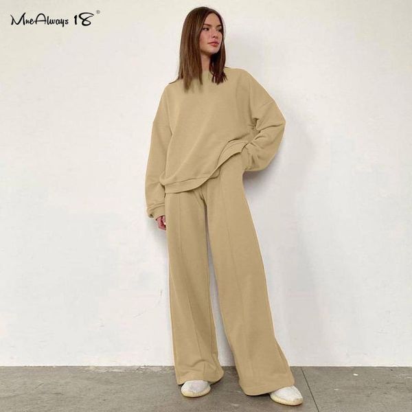 

women's two piece pants mnealways18 warm winter 2 woman casual set drop shoulder sweatshirt and loose oversized thick suit female pants, White