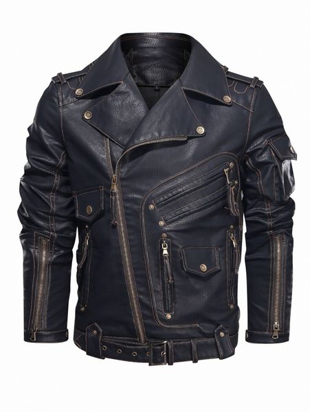 

men zip detail stitching belted pu leather moto jacket r4xv#, Black;brown