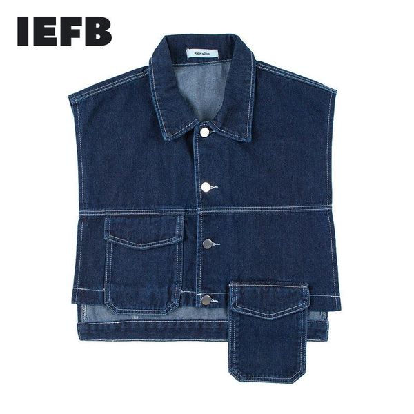 

men's vests iefb 2021 fashion high street denim waistcoat multi-pocket ins trends cool functional style and irregular shoulder vest, Black;white