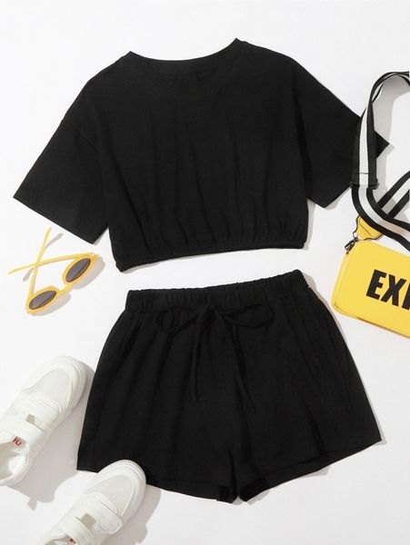 

solid crop & knot front shorts l2vi#, White