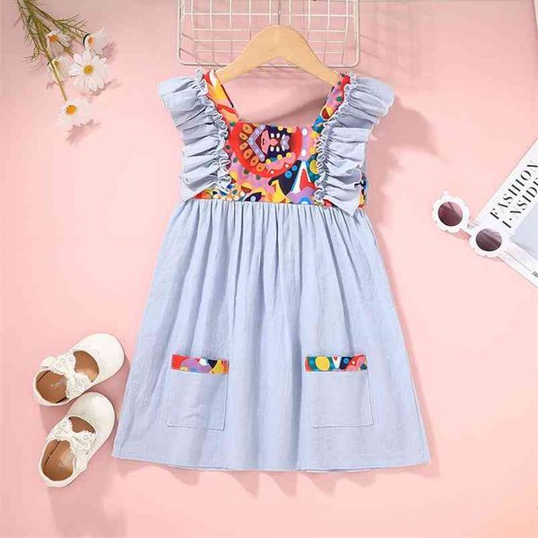 

summer children sets sleeveless o neck patchwork print double pockets cute girl clothes 1-6t 210629, White