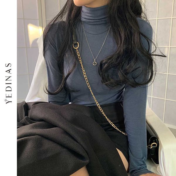 

yedinas autumn turtleneck long sleeve t-shirt women korean harajuku soild tee shirts casual slim female basic tshirts 210527, White