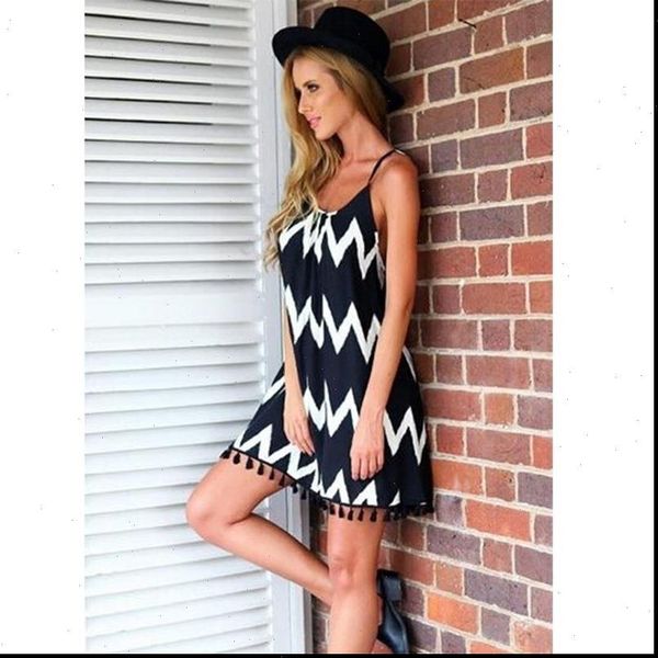 

fashion casual loose wavy womens dresses sling tassel spaghetti strap backless sma66, Black;gray