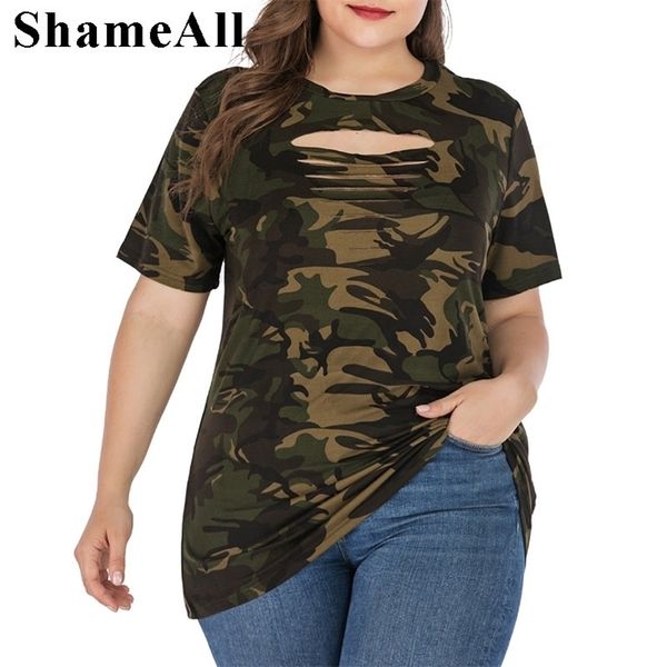 Plus size rasgado vazio para impressão de camuflagem t-shirt 3xl 4xl mulheres verão streetwear lace up short manga t-shirts tops 210324