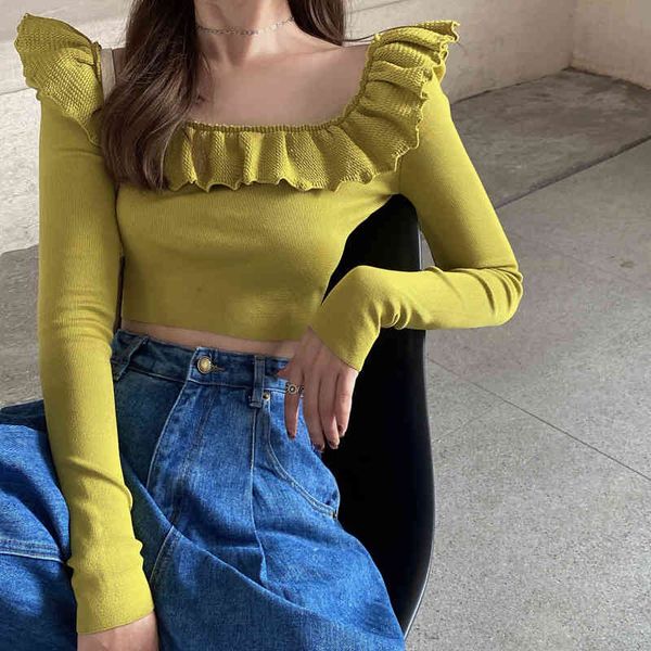 

nomikuma korean slim short pullover knitwear vintage square collar ruffle knitted autumn crop women sweater 6c372 210427, White;black