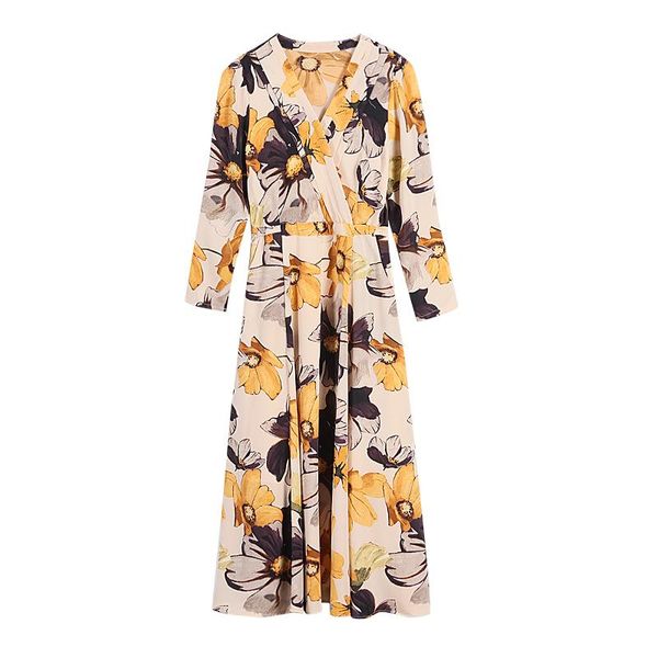 

casual dresses chiffon autumn dress floral temperament pocket yellow v neck long sleeves plus size women clothes, Black;gray