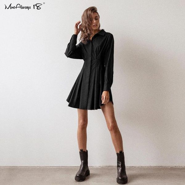 

casual dresses mnealways18 cotton women tunic shirt dress bodycon full sleeve black pleated ladies 2021 lapel short white mini, Black;gray