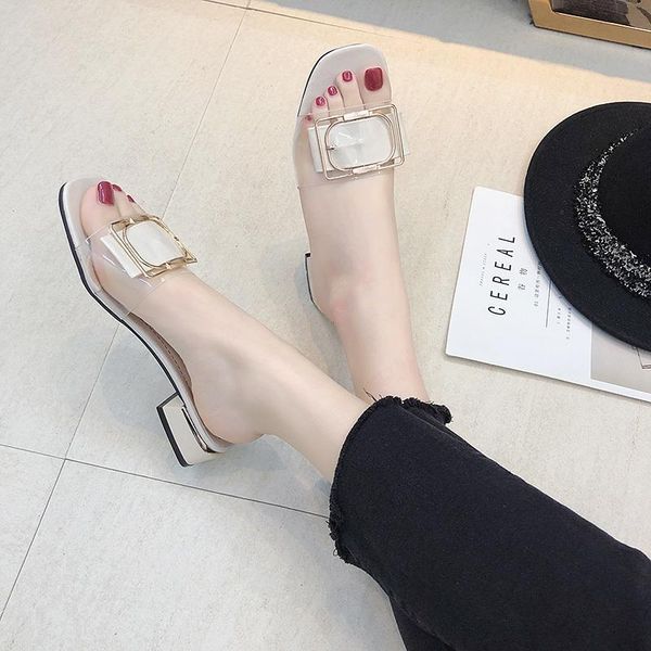 

slippers clear transparent ladies shoes summer women woman mules thick high heels bow knot metal buckle slides plus size, Black