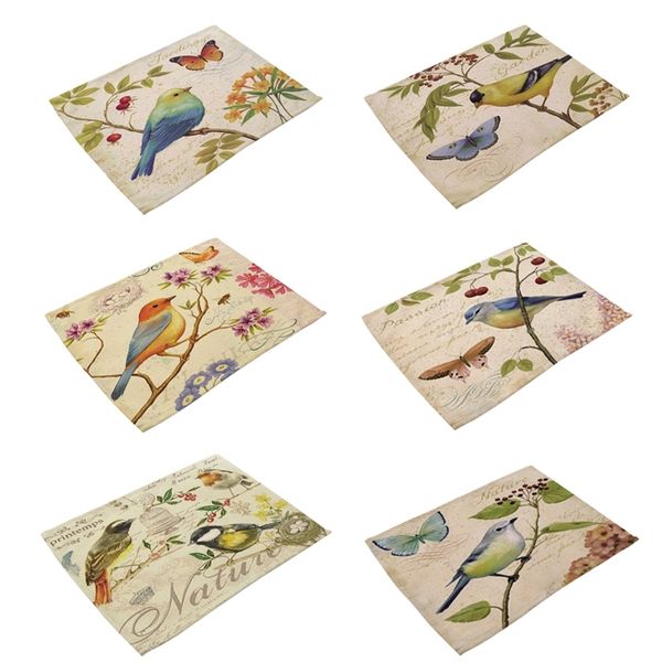 6 Vintage Stil Boyama Birdstrees Desen Yemek Masası Paspaslar Pamuk Keten Placemats Isı Yalıtım Mutfak Aksesuarları 210817