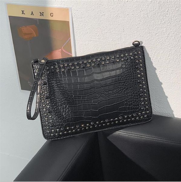 

factory wholesale men brand shoulder bags large embossed leather wrist bag street trend rivet punk handbag larges alligator fashion storage