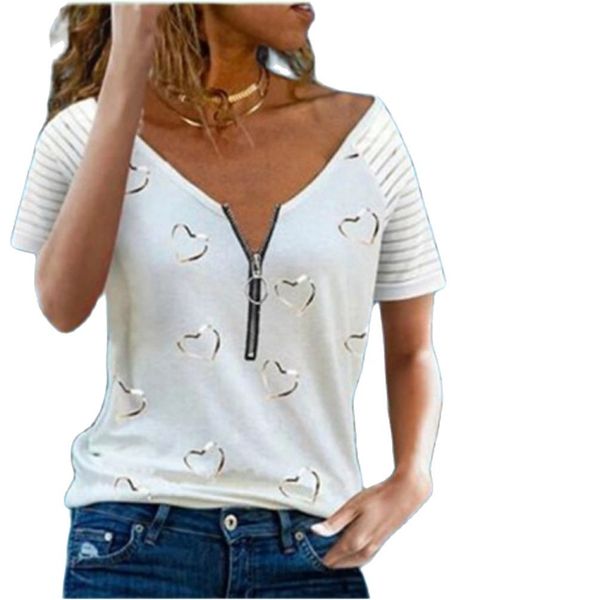 

women tshirt v-neck zipper stripe loose casual t shirts spring summer plus size tee shirt 210708, White