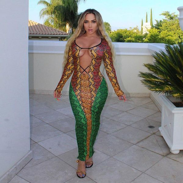 

casual dresses fall 2021 snake print hollow long sleeve dress evening maxi for women gothic clothes nightclub streetwear wholesale, Black;gray
