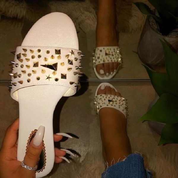 

slippers women rivet open toe flat sandals summer candy color beach shoes ladies white slides zapatos mujer big size flip flops, Black