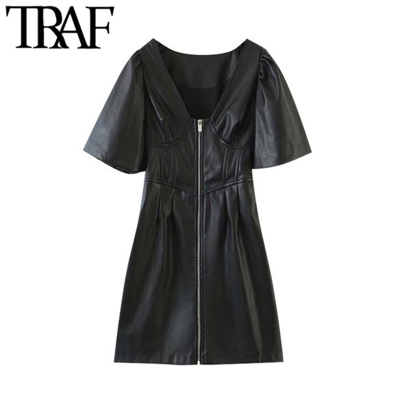 

women chic fashion faux leather zip-up mini dress vintage v neck puff sleeve female dresses vestidos mujer 210507, Black;gray